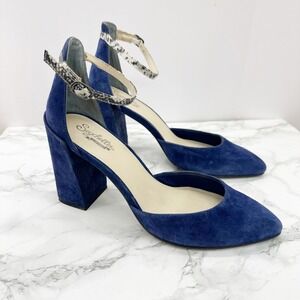 Seychelles Heritage Blue Suede D'Orsay Block Heel Pumps Womens 7.5 Ankle Strap